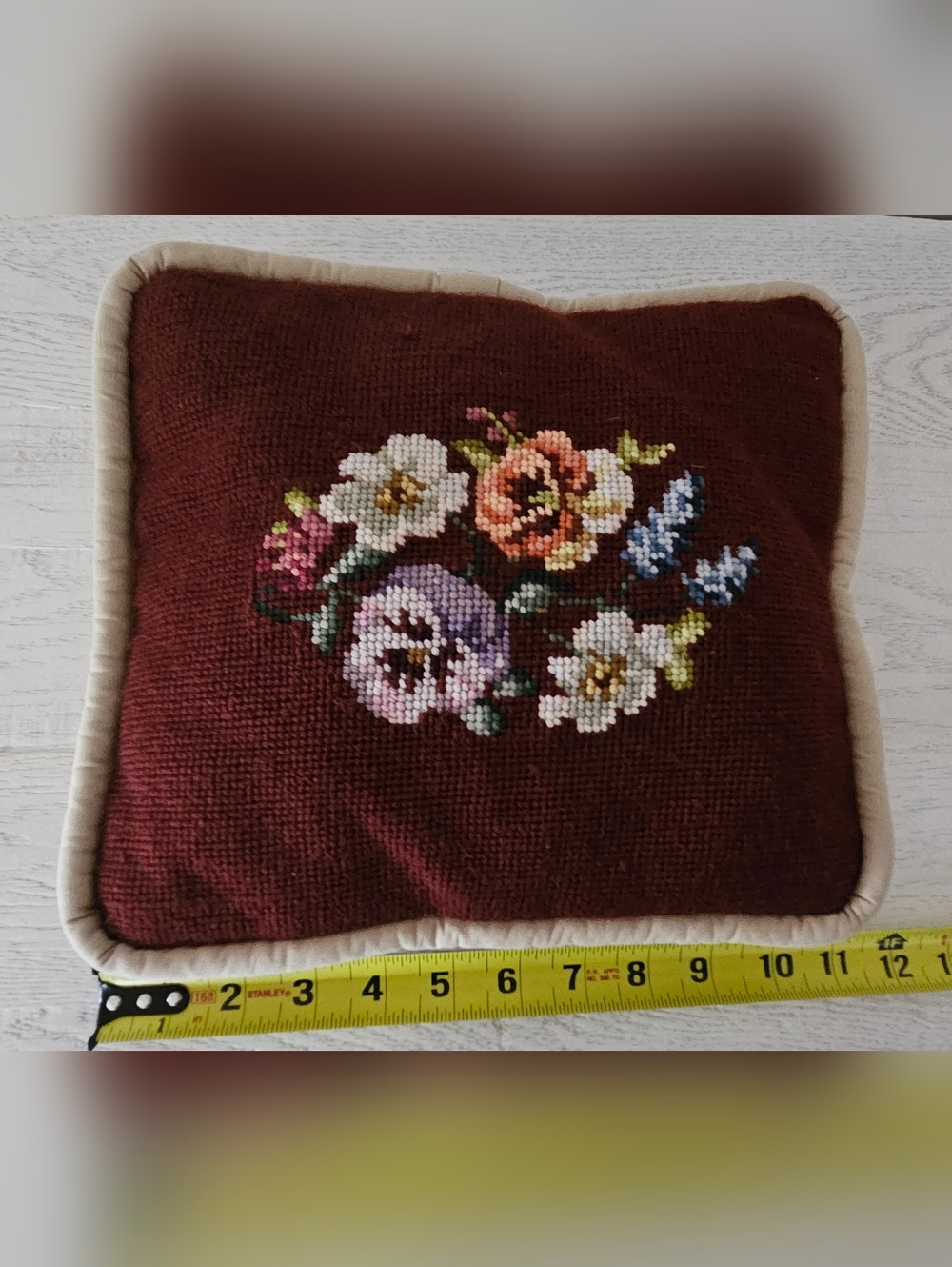 Vintage Needlepoint Pillow Floral Dark Red/Burgundy 10"x11" - Picture 4 of 4